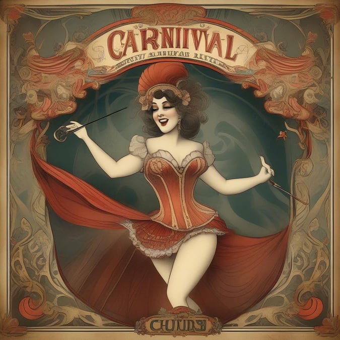 Experience the magic of the carnival with this captivating wallpaper, featuring a woman in a red corset and skirt, holding a wand, set against a vibrant and colorful background.