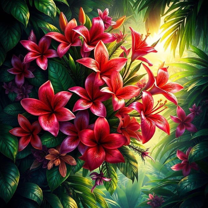 Escape into the vibrant heart of the jungle with this stunning wallpaper featuring a lush display of tropical flowers, reminiscent of a Hawaiian garden. Perfect for bringing a touch of exotic beauty to your desktop or mobile devices.