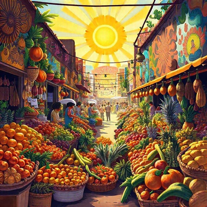 This image captures the essence of a bustling marketplace, with a kaleidoscope of colors and textures. The sun's rays illuminate the scene, casting a warm glow over the various fruits and vegetables on display. The image exudes a sense of energy and vitality, inviting the viewer to step into the vibrant world of the marketplace.