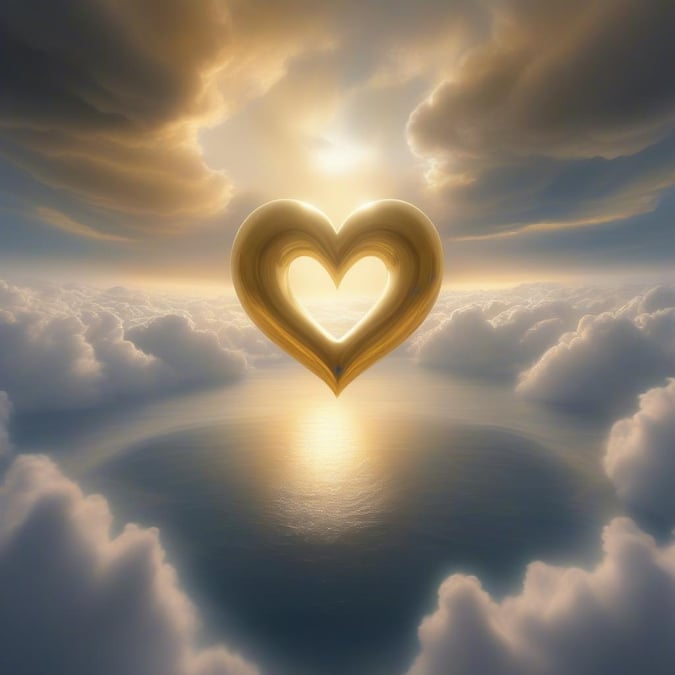 A serene Valentine's Day scene floating on a sea of clouds with a golden heart symbolizing love and affection.