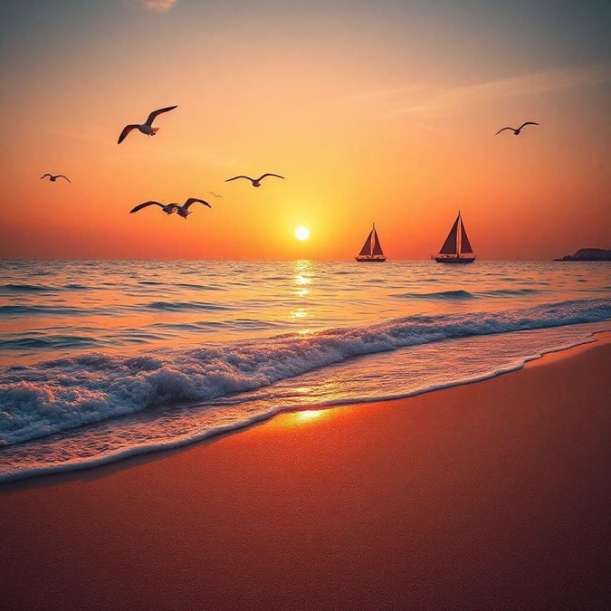 A tranquil scene at dusk, with sailboats gently bobbing in the calm sea under a beautiful sunset sky. The beach stretches out to meet the horizon, creating a serene backdrop for this idyllic seascape.