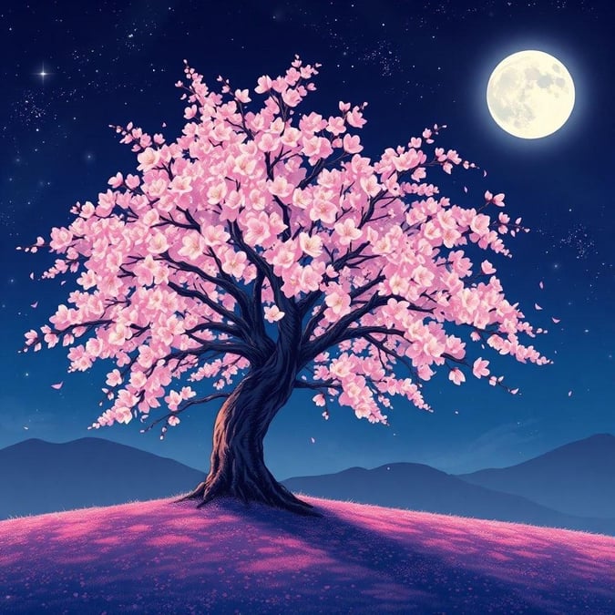 Vivi la bellezza di un albero di sakura in stile anime, adornato con fiori vibranti e luminosi, sotto il sereno chiarore di una luna piena.