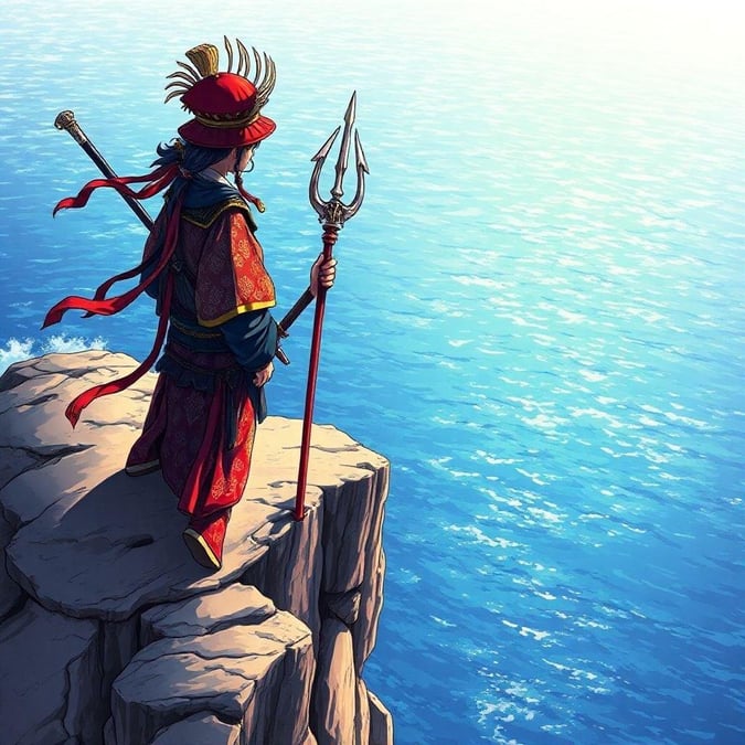 This captivating anime illustration features a samurai standing on a cliff, gazing out at the vast ocean below. The samurai's colorful headdress and red hat add a pop of color to the scene, while the trident in its right hand adds a sense of strength and power. The blurred background creates an ethereal atmosphere, drawing the viewer's attention to the samurai's serene expression. This stunning image is perfect for fans of anime and manga, and would make a great addition to any room.