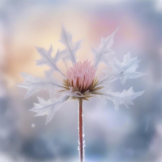 A frost-kissed pink flower, standing tall against the winter chill. Nature's artistry in a single bloom.