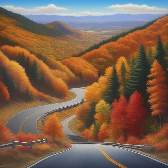 A scenic drive through the mountains during autumn, with the road winding through the trees and mountains in the background.