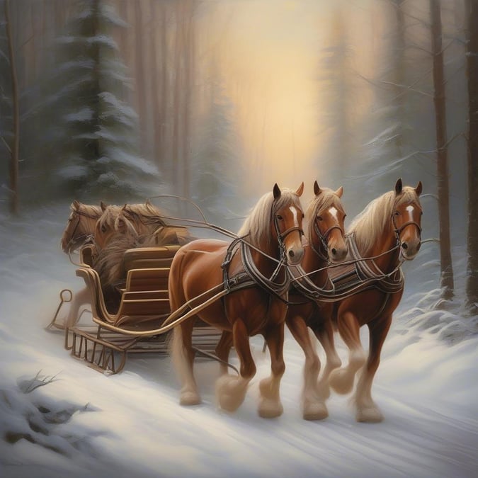 Sleigh bells ringing, horses pulling a festive carriage through the winter wonderland.