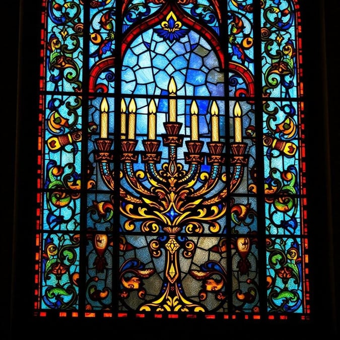 This vibrant stained glass window captures the festive spirit of Hanukkah with its detailed depiction of a traditional hanukkiah, also known as a menorah. The colors are rich and varied, creating a visually appealing representation of this popular holiday symbol.