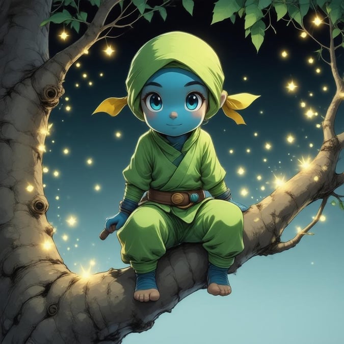 This stunning wallpaper features a young ninja perched on a tree branch, surrounded by fireflies, creating an enchanting anime-like atmosphere.