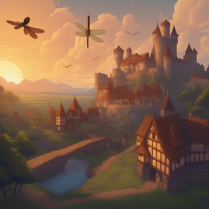 A magical scene with a castle, dragonflies, and medieval buildings under a sunrise sky.