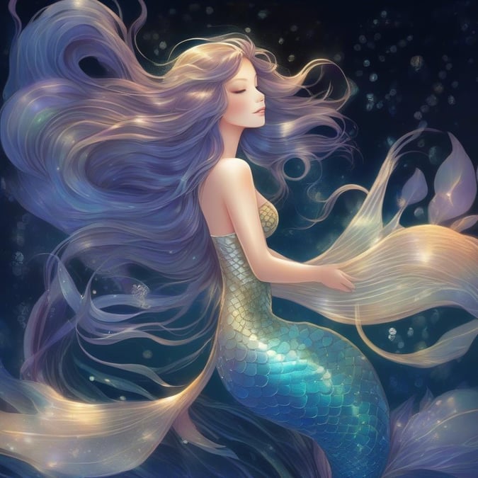 Immerse yourself in the enchanting world of anime with this captivating mermaid wallpaper. The ethereal mermaid, with her iridescent scales and flowing hair, is set against a dark backdrop, creating a sense of depth and mystery. The illustration exudes a magical quality, capturing a moment of grace and energy.