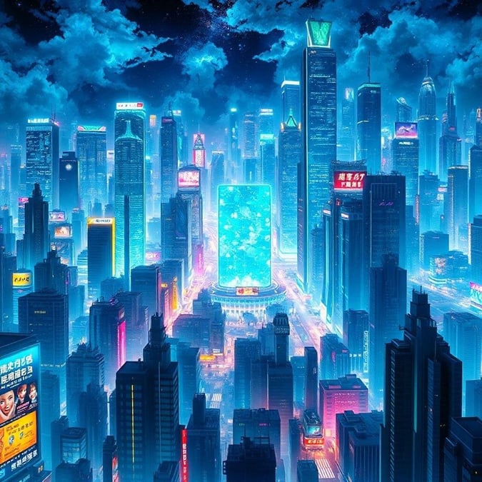 Une ville anime animée sous le ciel nocturne, où les lumières au néon illuminent les gratte-ciels et les publicités ajoutent une touche de charme futuriste.