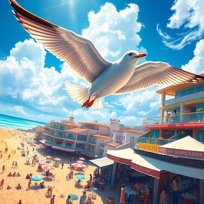 A vibrant beach scene with birds flying over the ocean, where people are enjoying a sunny day by the seaside.