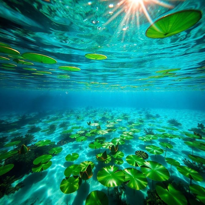 This stunning image captures the beauty of the underwater world, with a vibrant array of aquatic plants and animals thriving in the crystal-clear waters. The sunlight filtering down from above illuminates the scene, creating a sense of depth and wonder.