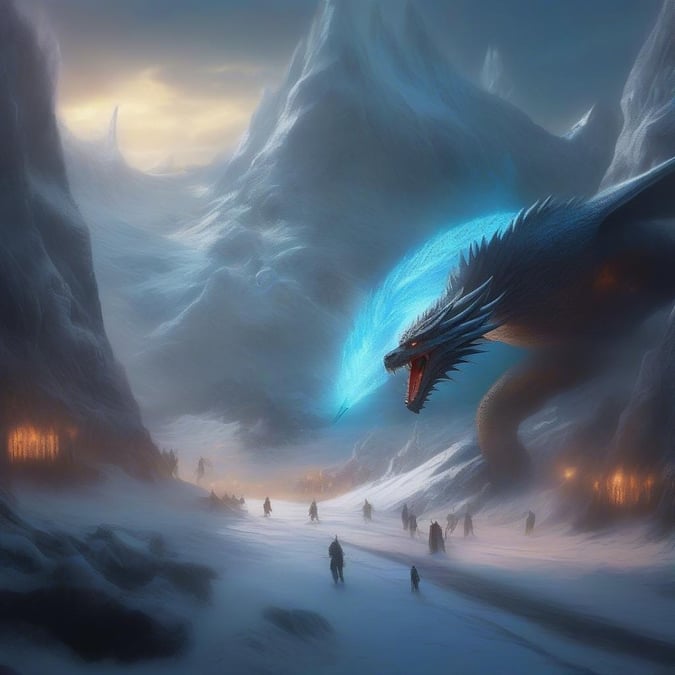 A powerful dragon breathes fire in the mountains, surrounded by people running for their lives.