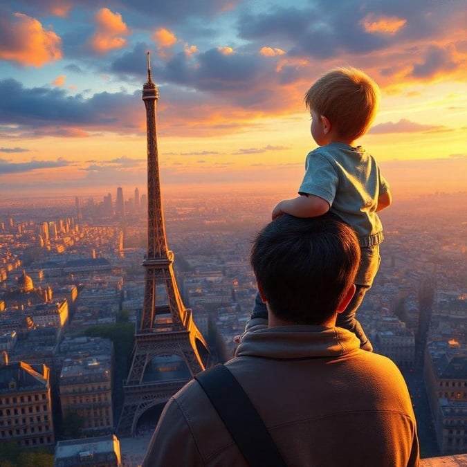 A heartwarming scene of a father carrying his child overlooking the city of love at sunset.