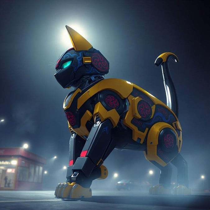 This is a nighttime scene featuring a robotic cat with striking black and yellow markings. The cat's large body and curved tail create an imposing figure, while the red and blue patterns on its face, ears, and back add a vibrant touch to the design. The cat's eyes are closed as if it is in repose or perhaps daydreaming. The background is blurred with a light source in the distance, giving depth to the scene.