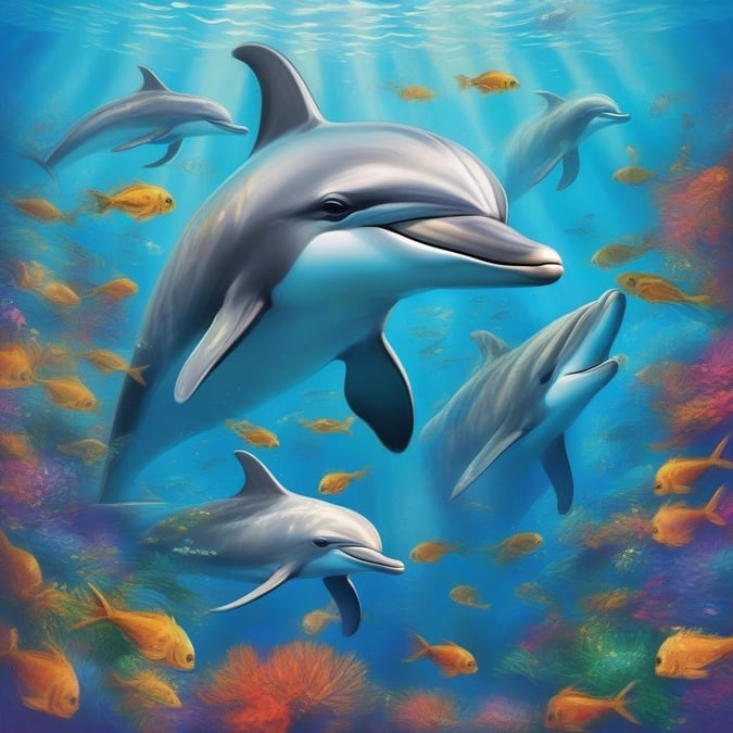 This delightful wallpaper features a group of mother dolphins with their babies, surrounded by vibrant marine life. The deep blue ocean sets the scene for these adorable aquatic creatures.