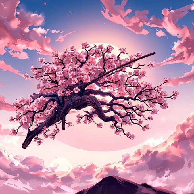 Ein atemberaubendes Anime-Bild eines Ninja-Baums, der durch den Himmel schwebt, umgeben von lebhaften rosa und orangefarbenen Wolken.