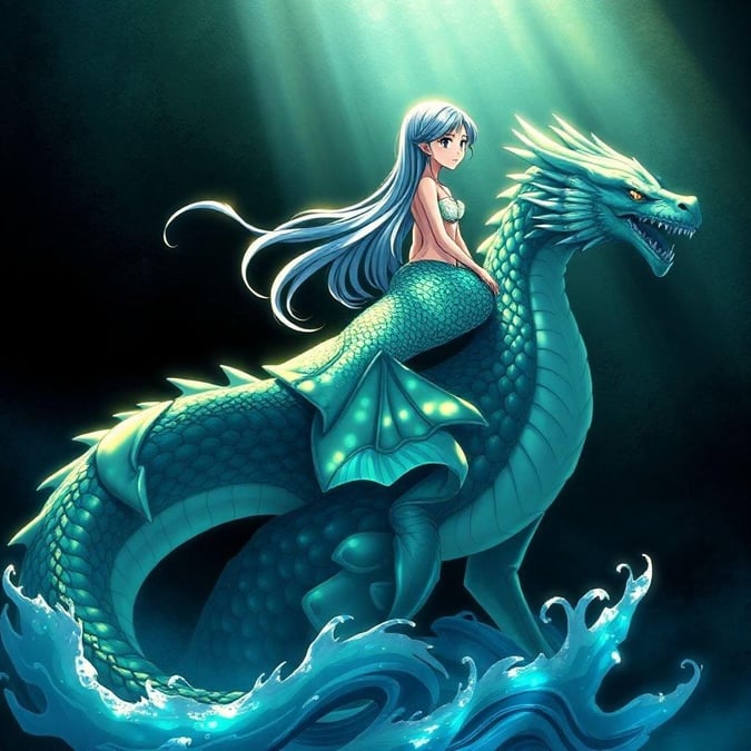 Cette magnifique illustration d'anime met en scène un moment serein d'une sirène chevauchant un majestueux dragon, avec sa queue de cheval fluide ajoutant une touche d'élégance à la scène.