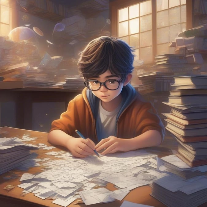 A young detective hunched over papers, solving mysteries and piecing together clues with a determined look in his eyes.