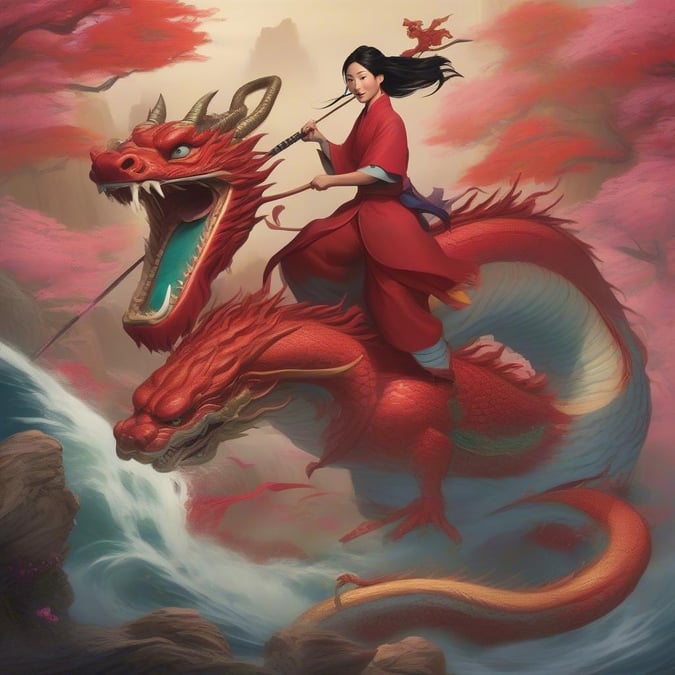 In the spirit of Disney magic, a young woman rides a majestic dragon through an enchanting landscape. The artwork is vibrant and full of life, capturing the essence of fantasy adventure.