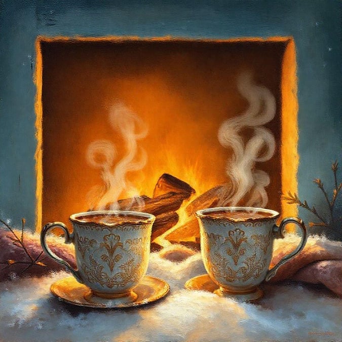 A cozy winter scene with steaming mugs of tea by the fireplace.