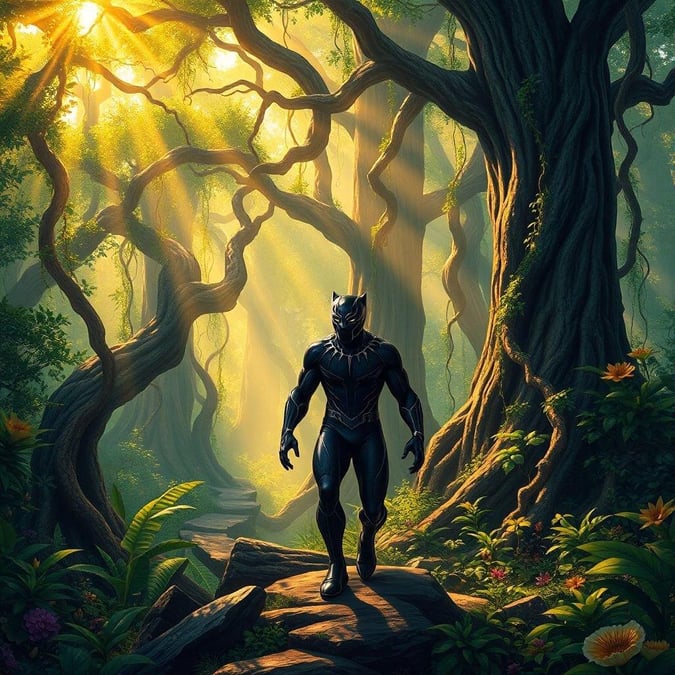 Enter the mystical world of Wakanda with its legendary protector, Black Panther. This image captures the essence of the beloved comic book hero as he strides confidently through a forest path lit by the glowing presence of his home planet. Join the adventure and let this wallpaper be your gateway to the fantastical land of Wakanda.