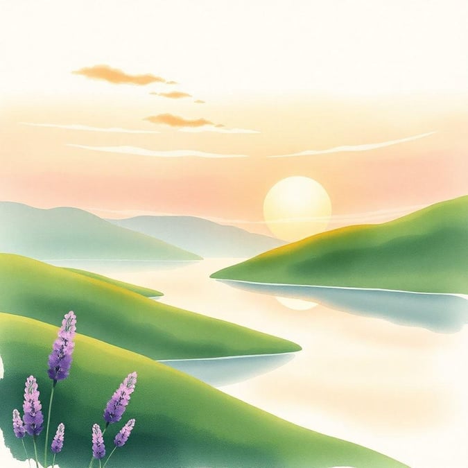 A tranquil landscape at sunset, where the calm water mirrors the soft hues of the sky and hills.