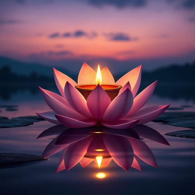 A serene nighttime scene with a lit candle floating in the center of a vibrant lotus flower on a pond, symbolizing tranquility and light during the Diwali festival.