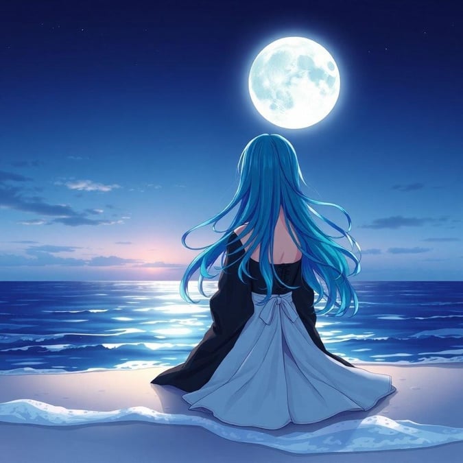 This serene anime-style image features a young girl sitting on a beach, her back to the viewer, as a large full moon casts an ethereal glow on the calm ocean. The peaceful scene captures a moment of tranquility, stillness, and a peaceful moment in nature.