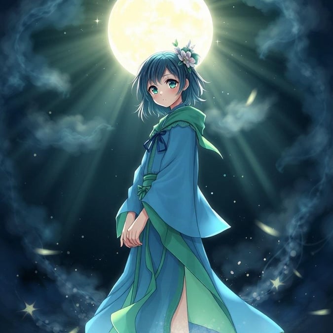 In this enchanting anime wallpaper, we see a young girl transformed into a guardian, her vibrant blue and green outfit standing out against the mysterious night sky. She stands with poise, exuding an air of tranquility as she gazes up at the full moon, a symbol of her magical powers. The illustration is rich in detail, capturing the essence of fantasy and magic that characterizes this genre of art.