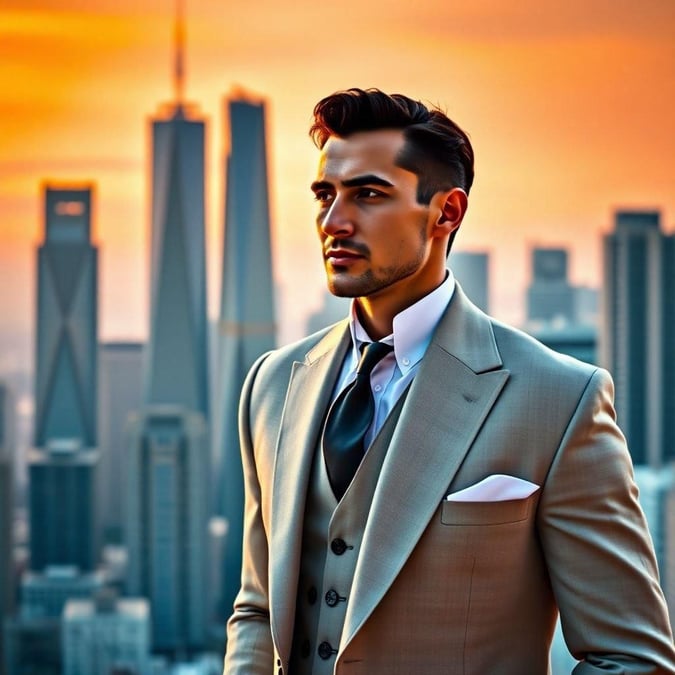 Casual, stylish man posing in suit against bustling city backdrop at sunset.