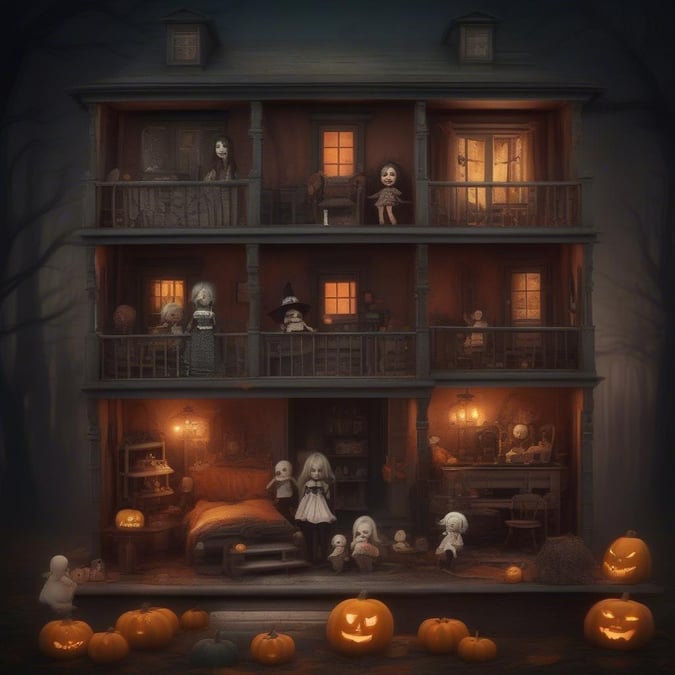 This Halloween wallpaper is perfect for adding a spooky touch to your desktop or mobile device. The image features a haunted house with ghosts and pumpkins, creating a creepy and festive atmosphere. It's a great way to get into the Halloween spirit and add some seasonal flair to your digital decor.