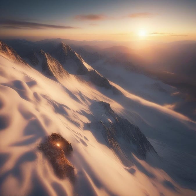 This stunning image captures the beauty of a snow-covered mountain range at sunrise, with the warm glow of the sun casting a golden light on the snow.