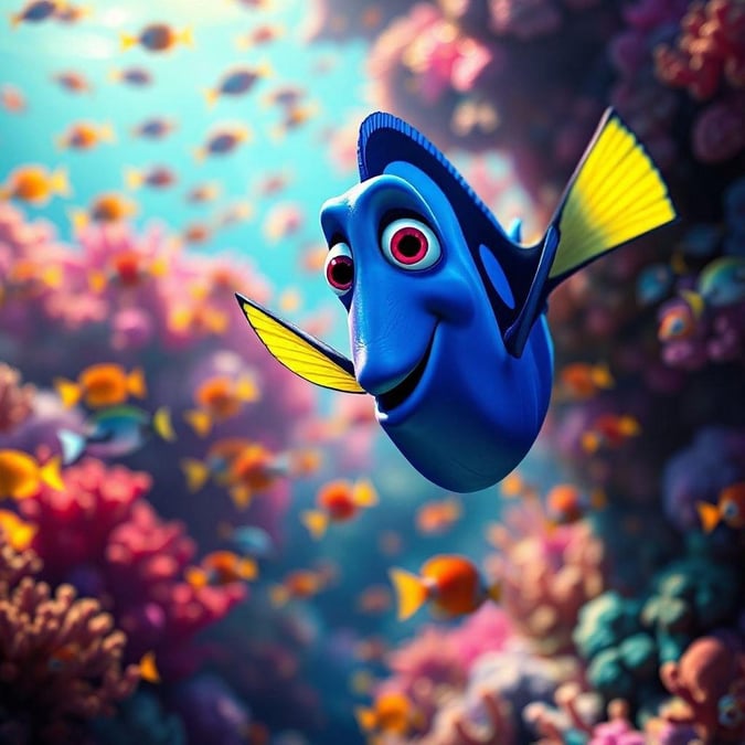 Meet Dory, the playful blue fish from Finding Nemo, swimming in an underwater paradise of pink and purple corals. This wallpaper brings the magic of the ocean right to your desktop!