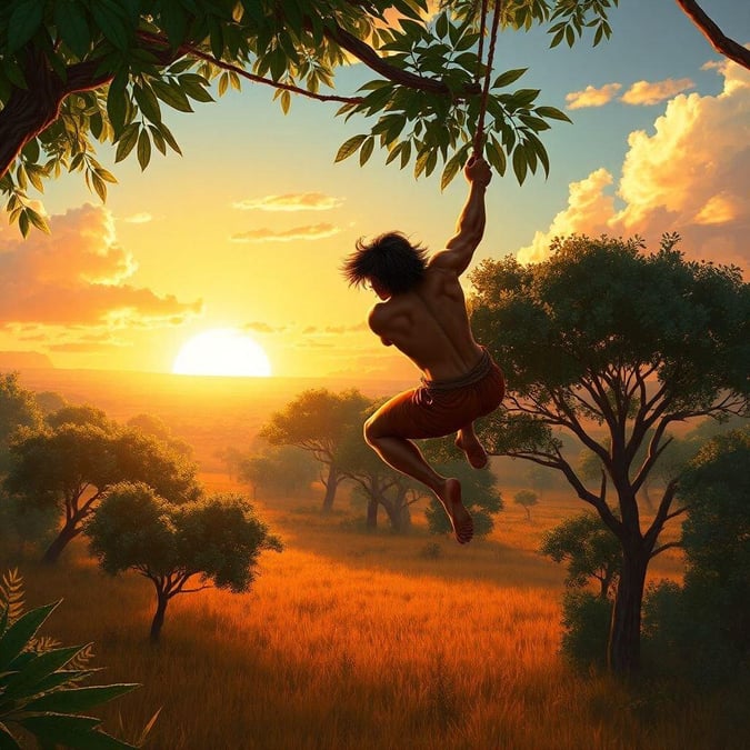 A majestic sunset over the savannah, with a strong warrior swinging from a vine during his morning exercise.