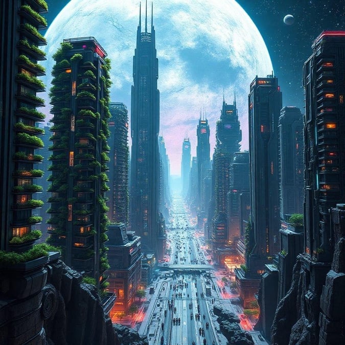 Experience the futuristic wonder of this urban nightscape under the watchful gaze of a glowing moon. Cascading lights, towering skyscrapers, and bustling streets blend seamlessly with the celestial beauty above.