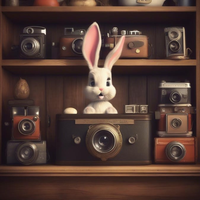 A charming Easter scene with an adorable bunny peeking from behind a camera, set amidst vintage photography equipment.