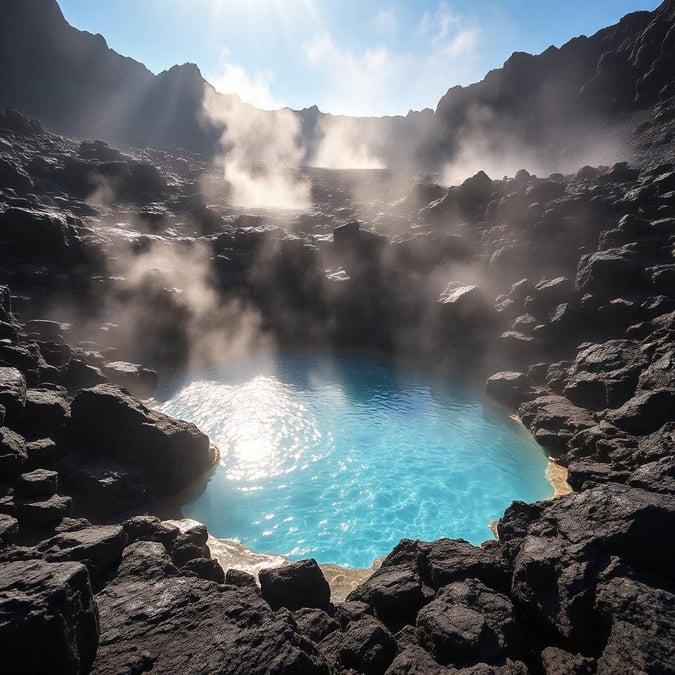 A volcanic landscape leads to this mysterious body of water, a beacon of life in an otherwise barren world.