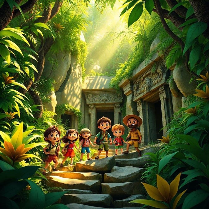 A group of cartoon adventurers explore an ancient temple hidden deep within the jungle, ready to embark on a thrilling journey.