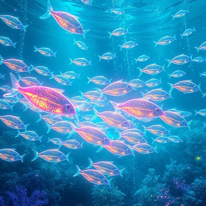 This futuristic wallpaper features a vibrant and neon-lit ocean scene, complete with glowing fish swimming in the depths. The image is perfect for anyone who loves technology and the ocean, and it's sure to add a touch of modern style to any desktop or mobile device.