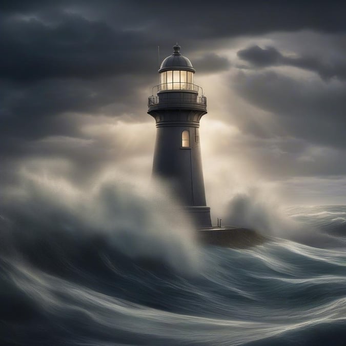 A serene ocean scene with a tall lighthouse amidst the rough waves, ready to guide vessels safely through darkening skies.