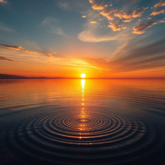 Relaxing view of the sun setting over an ocean horizon. Gentle waves with circular ripples, perfect reflection in the water. Calm evening sky.