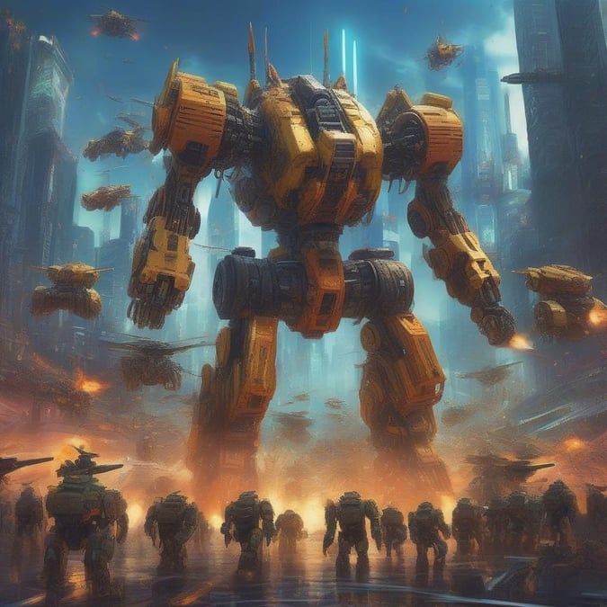 Spectacular digital art depicting a futuristic robot battle scene, with a yellow colossus commanding the frontline amidst flying saucers and squads of smaller robots. The backdrop features an epic cityscape under a dramatic sky.