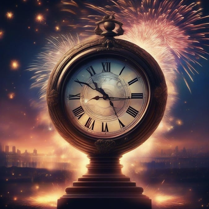 This image captures the essence of New Year's Eve with a majestic clock tower in the background, fireworks exploding in the sky, and stars twinkling above. It's a moment of joy and anticipation for what's to come.