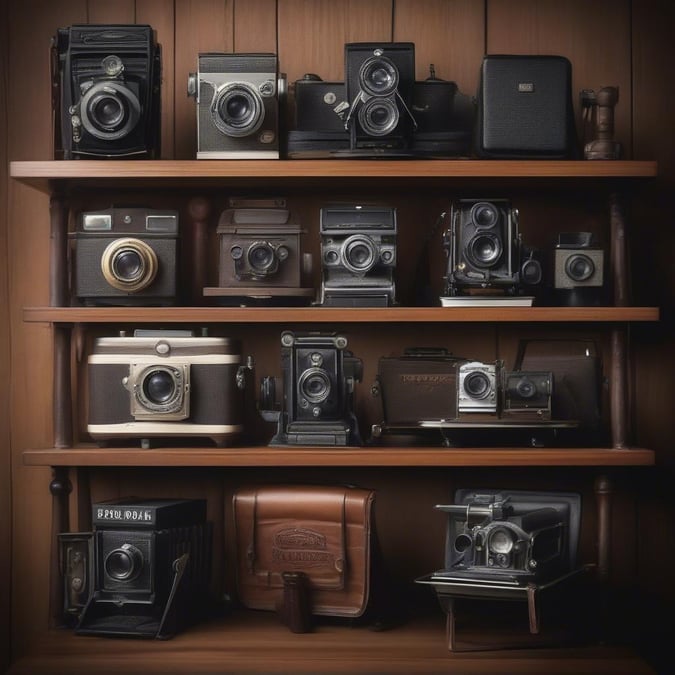 This stunning wallpaper features a curated collection of vintage cameras, showcasing the beauty of analog photography. The image is perfect for anyone who loves the aesthetic of old cameras and wants to add a touch of nostalgia to their desktop or mobile device.