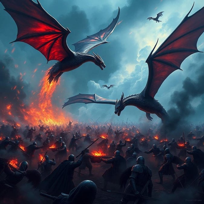 An intense scene from a fantasy film or TV show, featuring two dragons and a fierce battle against an army.