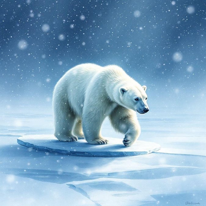 This stunning wallpaper features a majestic polar bear walking on a sheet of ice in the middle of the ocean. The polar bear is looking directly at the camera, adding a sense of interaction and engagement to the image. The background is a beautiful blend of the ocean and the sky, with shades of blue and gray that evoke a sense of calmness and serenity. The atmosphere is cold and snowy, with snowflakes gently falling around the polar bear, creating a sense of movement and energy. This image is perfect for anyone who loves wildlife, nature, or just wants to add a touch of elegance to their desktop or mobile device.