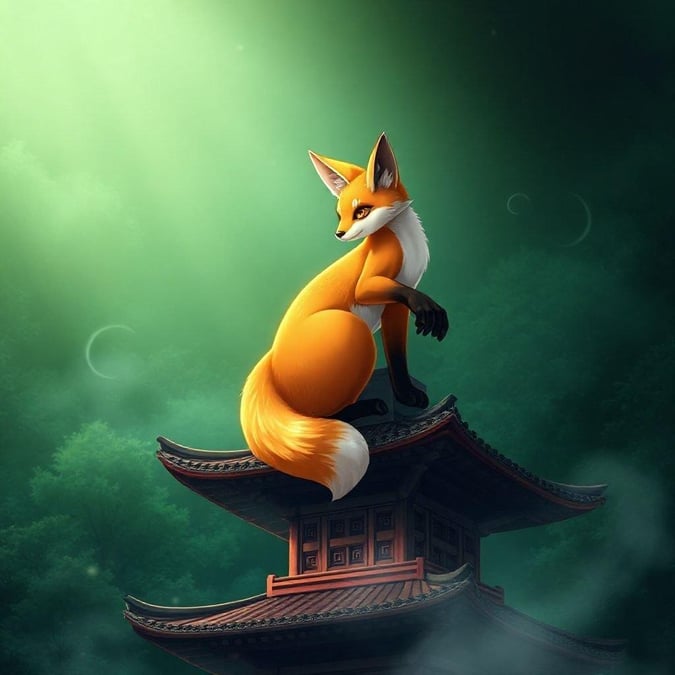 This captivating anime-inspired wallpaper features a majestic fox spirit perched atop a traditional pagoda, set against a serene backdrop of lush greenery. The soft light and misty atmosphere create an ethereal ambiance, inviting the viewer to step into a world of fantasy and wonder.