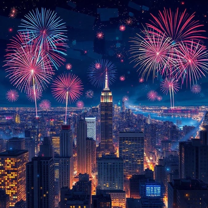 A vibrant city skyline celebrating Independence Day with colorful fireworks.